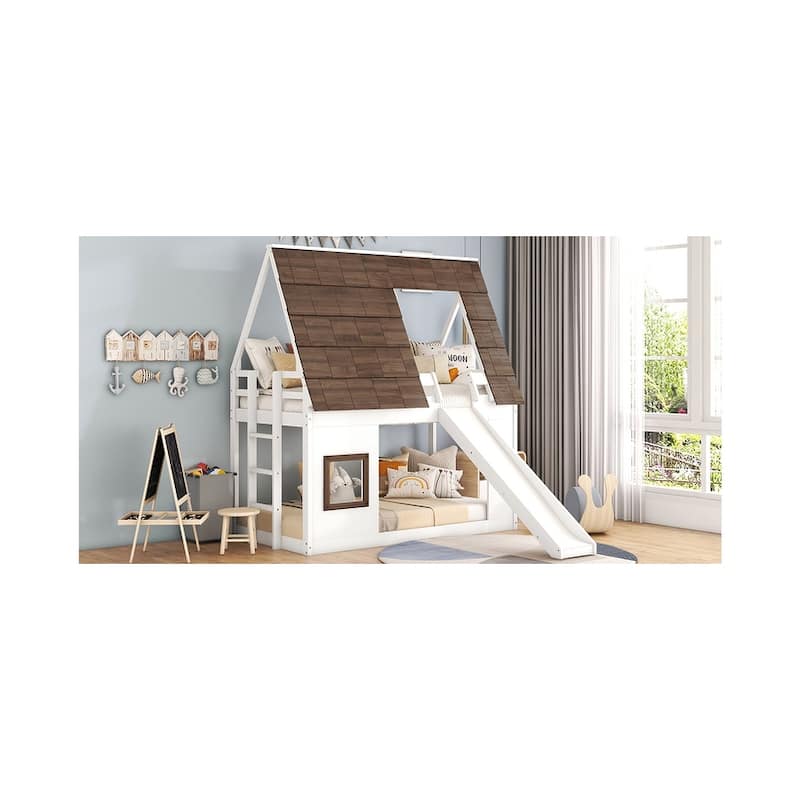 Wood House Bunk Bed with Roof