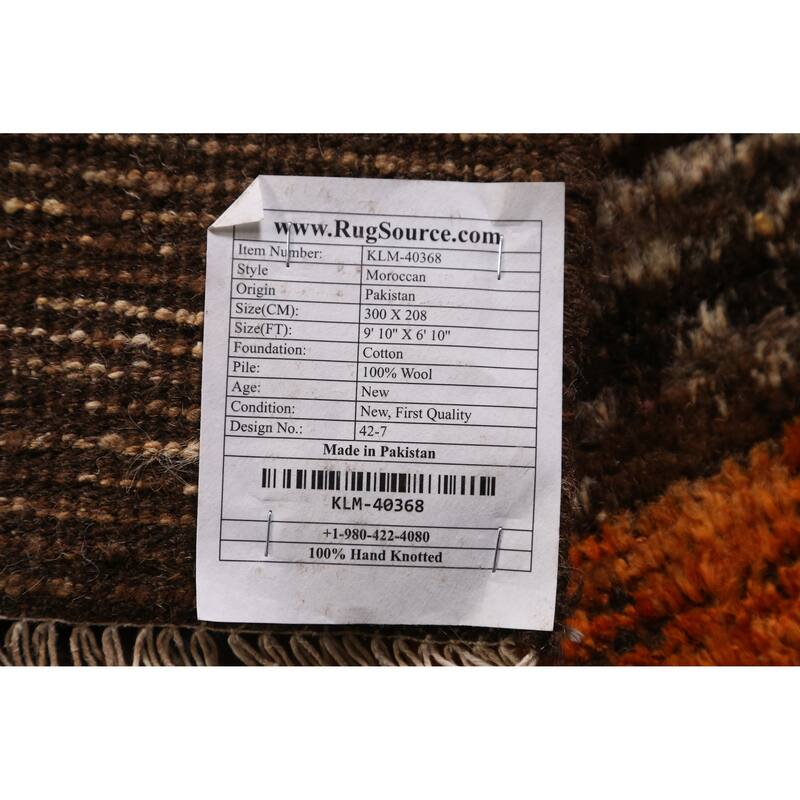 Brown Geometric Moroccan Area Rug Hand-Knotted Wool Carpet - 6'10" x 9'10"