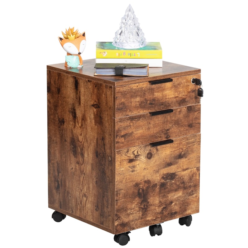 JJS 3 Drawer Rolling File Cabinet Wooden Storage with Lock & Wheels