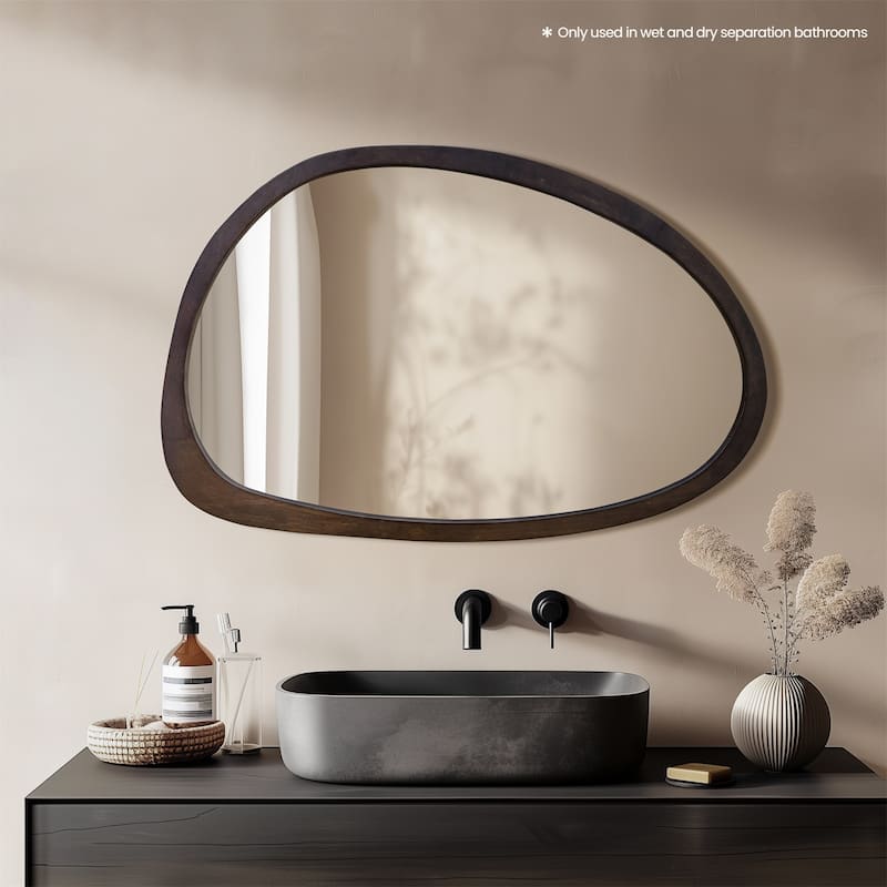Industrial Irregular Wall Hanging Mirror Walnut Wood Frame Farmhouse Accent Mirror - Asymmetrical-24”x36”
