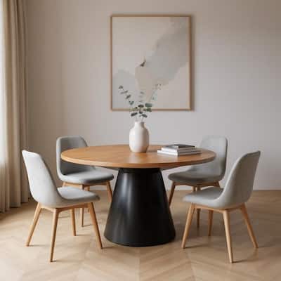 HomeRoots 63" Brown and Black Solid Wood and Metal Pedestal Base Round Top Dining Table - 63.00 in. x 31.00 in. x 63.00 in.