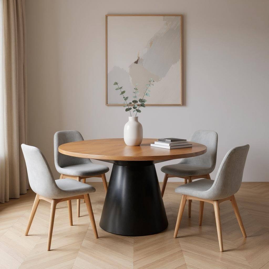 HomeRoots 63" Brown and Black Solid Wood and Metal Pedestal Base Round Top Dining Table - 63.00 in. x 31.00 in. x 63.00 in.