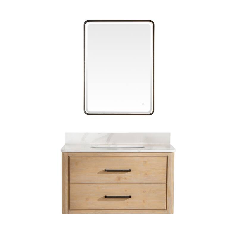 Cristo Floating Bath Vanity with White Quartz Stone Top and Mirror - 36 in. - Fir Wood Brown
