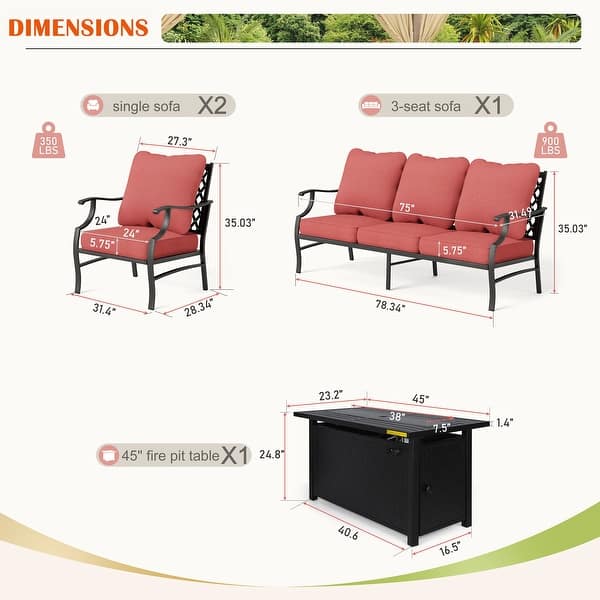 dimension image slide 15 of 19, MAISON ARTS Outdoor Sofa Set 4/6-Piece Patio Conversation Set with 45'' Gas Fire Pit Table