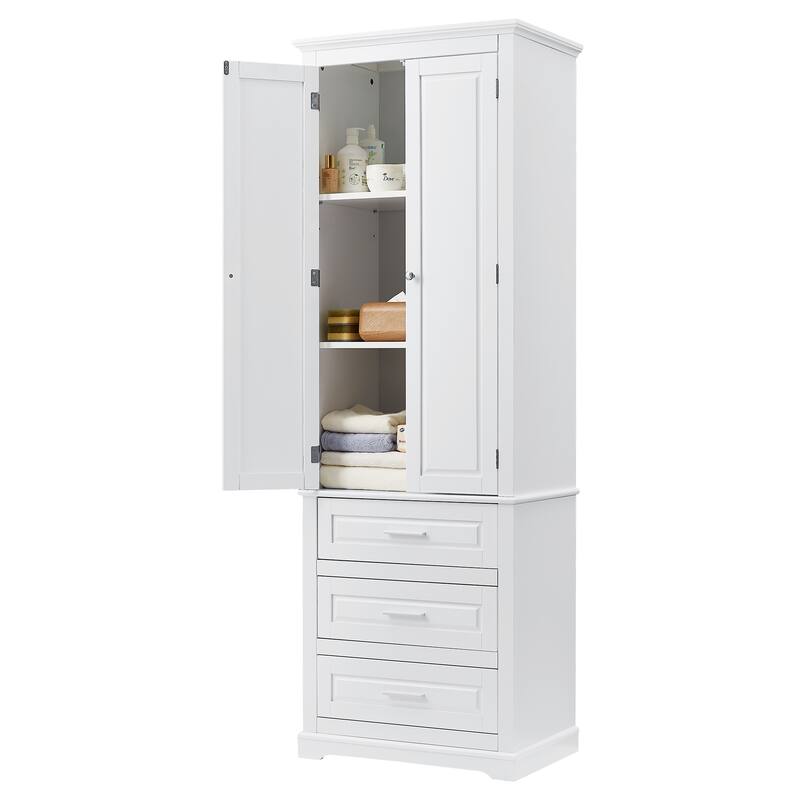Roomfitters 64" Tall Bathroom Storage Cabinet, Modern MDF Linen Tower with 3 Large Drawers & Adjustable Shelves, White