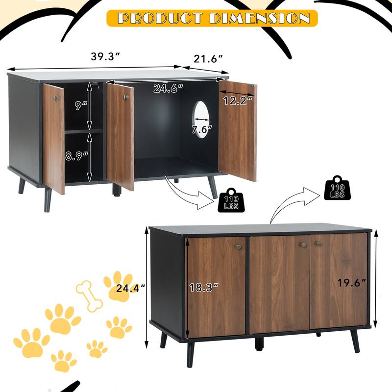 Anmytek Cat Litter Box Furniture with Hidden Plug, 3 Doors,Indoor Cat Washroom Storage Bench Side Table Cat House