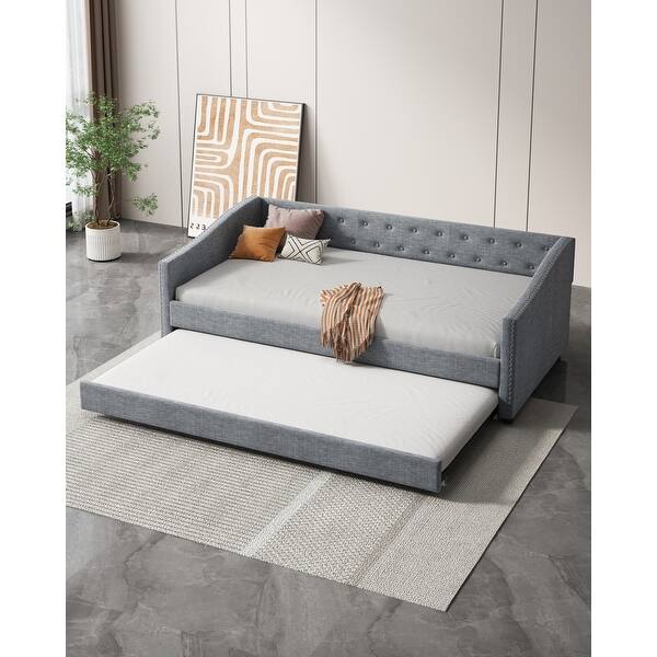 slide 2 of 7, Daybed with Button on Back and Copper Nail on Waved Shape Arms, Twin Size Trundle Upholstered Tufted Sofa Bed, Grey Grey