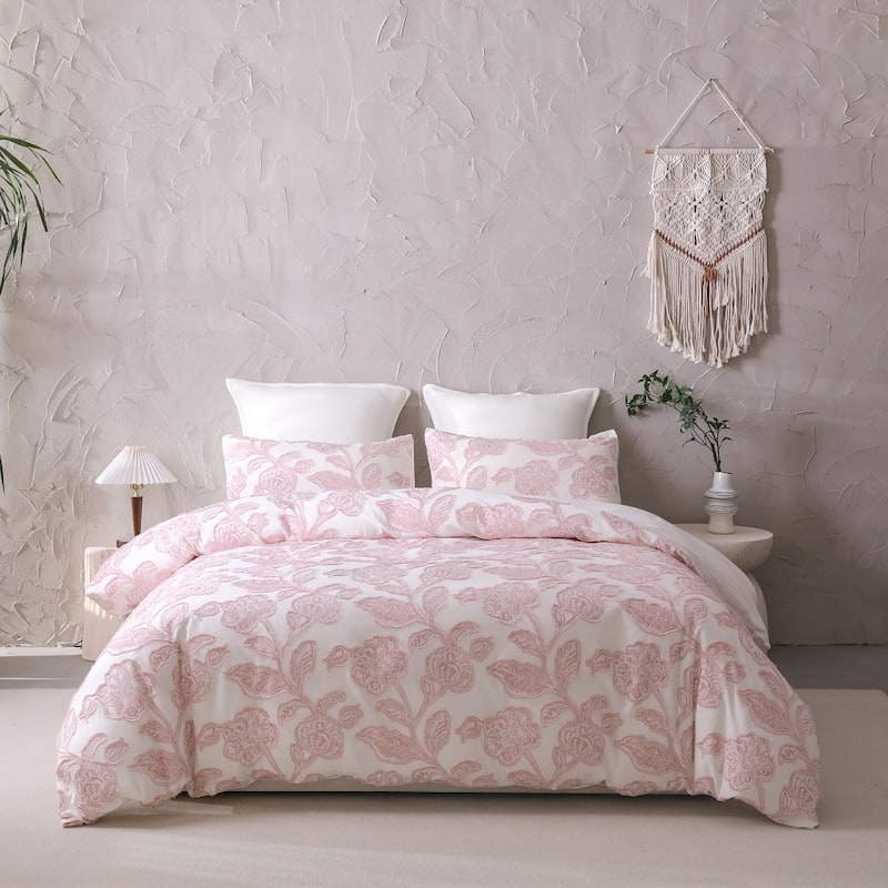 Premium Cotton Jacquard Duvet Cover Set, Elegant Floral Texture, Soft & Durable 3-Piece Bedding - Pink - Twin