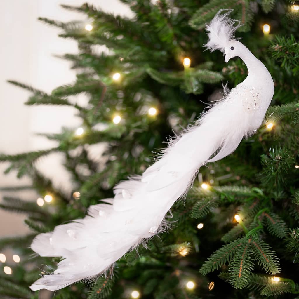 Glittered Peacock Clip-on Christmas Ornament - 14" - White
