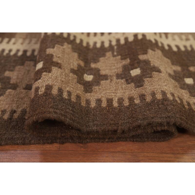 Hand Woven Oriental 100% Wool Carpet Southwestern Geometric Brown Kilim Area Rug - 9' 6'' X 6' 7''