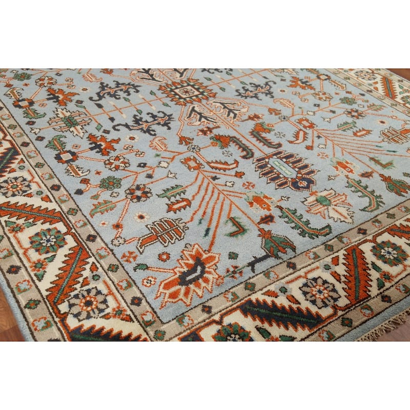 Light Blue Geometric Oushak Oriental Area Rug Hand-Knotted Wool Carpet - 7'10"x 9'10"