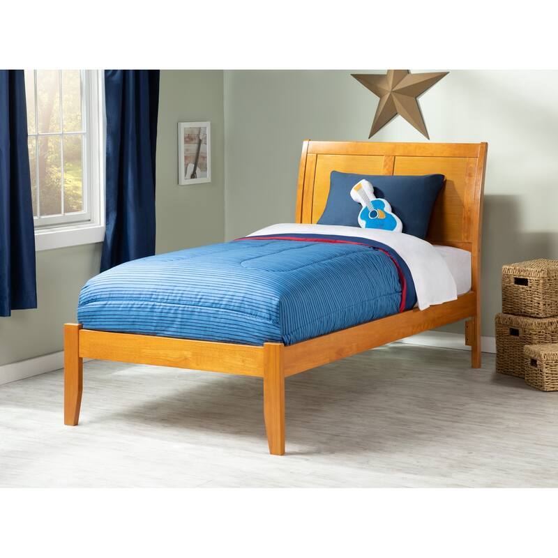 King Platform Bed Walnut Finish - Modern Sleigh Style Bed Frame with Open Footboard