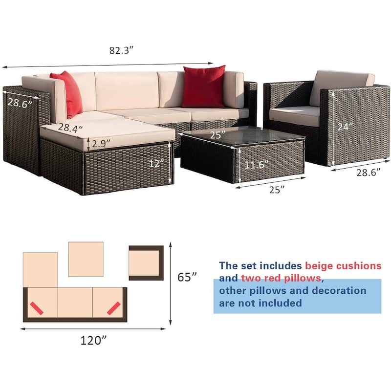 6-piece Cushioned Faux Rattan Patio Sectional Sofa Conversation Set