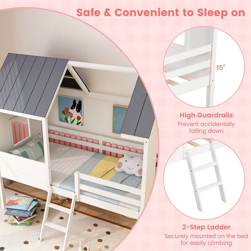 Gymax Twin Low House Bed Wooden Loft Bed with Ladder Roof Windows