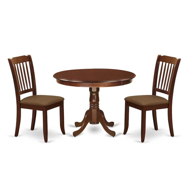 Coastal 3Pc Dinette Set - Round Kitchen Table & 2 Linen Dining Chairs - Mahogany Finish