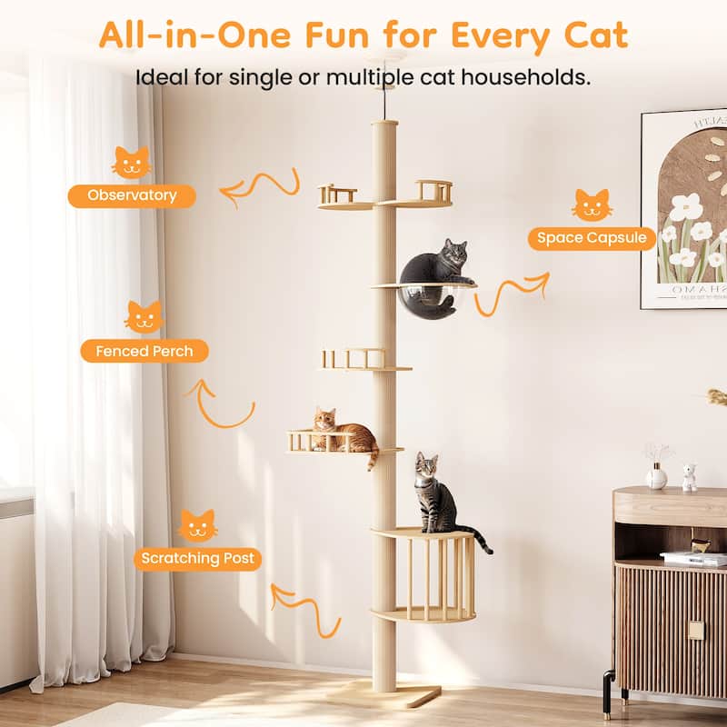 Floor-to-Ceiling Adjustable Cat Tree Tower with Acrylic Capsule - Natural