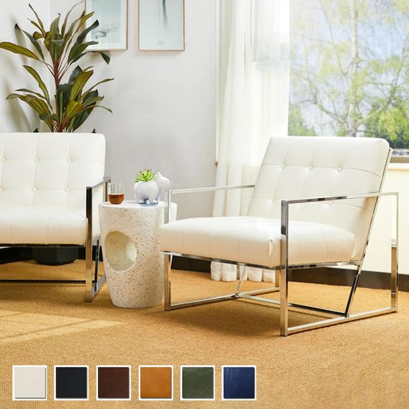 Glitzhome Set of 2 29.25"W Mid-Century PU Leather Tufted Accent Chairs