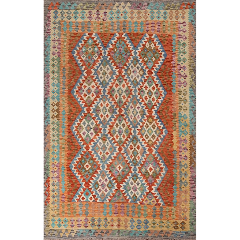 Hand Woven Oriental 100% Wool Carpet Southwestern Geometric Oranges & Rust Kilim Area Rug - 9' 6'' X 6' 6''