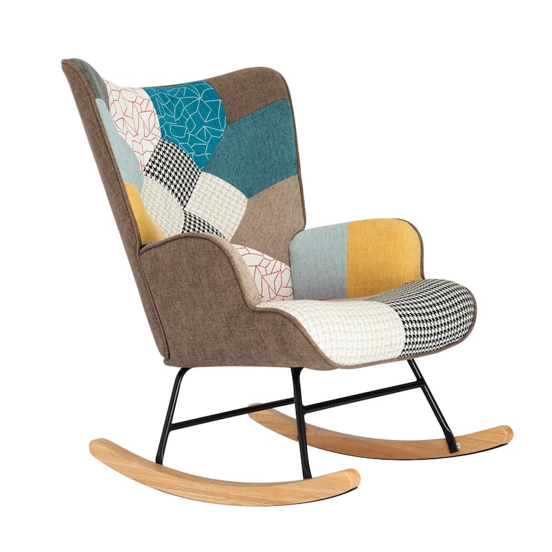 Patchwork Linen Rocking Chair with Ottoman (Mid-Century Style)