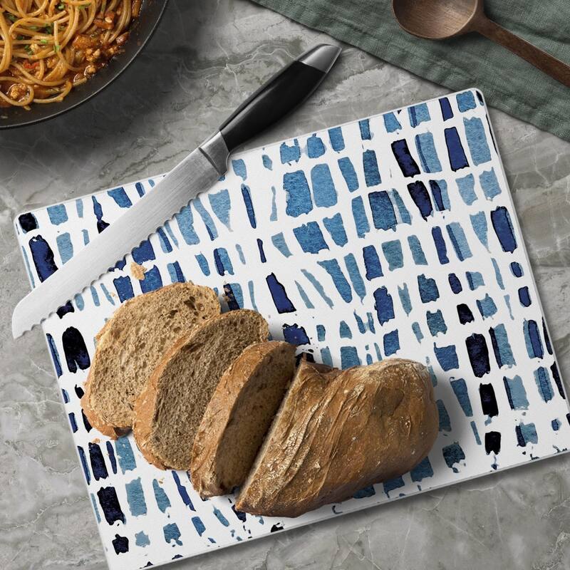 Indigo Wavy Lines 3mm Heat Tolerant Tempered Glass Cutting Board 10” x 8” Manufactured in the USA Dishwasher Safe
