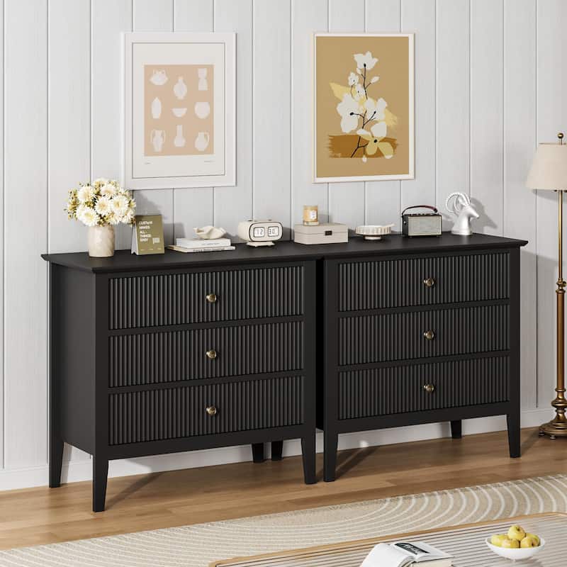 3 Drawer Fluted Dresser, Wide Wood Chest of Drawers with Metal Legs