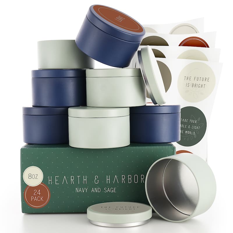 Hearth & Harbor Candle Tins - Candle Jars for Making Candles - DIY Candle Containers with Lids - 8Oz - Set of 24 - Navy and Sage