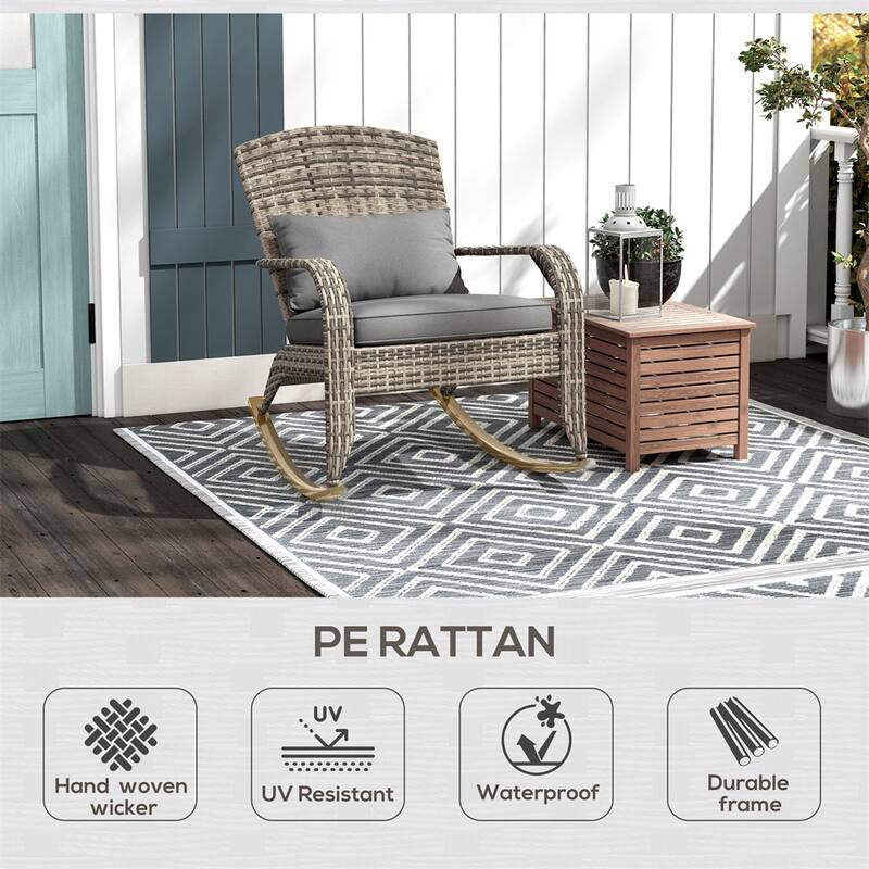 Adirondack Rocking Chair Outdoor PE Rattan with Cushions Steel Frame Patio Garden Porch - 26" W x 35" D x 38.5" H