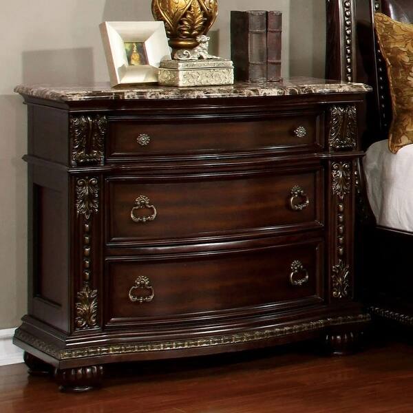 Traditional Brown Cherry Nightstand with Genuine Marble Top and 3 Drawers