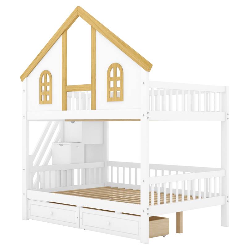 Roomfitters Twin Over Twin/Full Over Full House Bunk Bed with Window, Roof and Storage Staircase, White and Natural