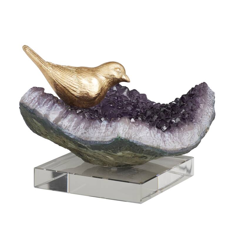 Multi Colored Polystone Bird Decorative Sculpture with Amethyst and Acrylic Stand