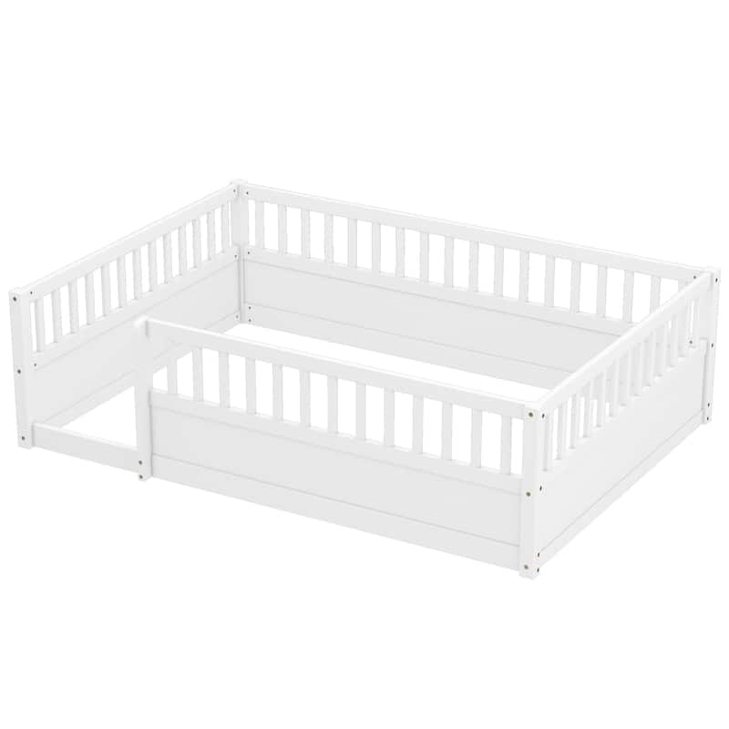 Montessori Toddler Floor Bed Child's Play Wood Bed Frame with High Fence and Open Door, No Slats - Twin Size or Full Size Option