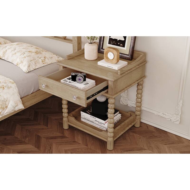 Vintage Wood Nightstand with Drawer and Open Shelf, Turned Legs for Bedroom Living Room