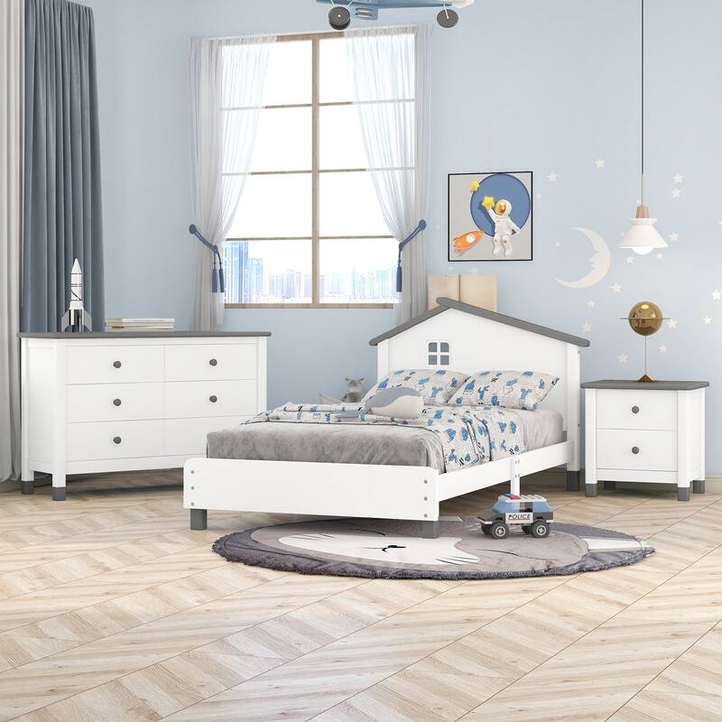 3-Pieces Bedroom Sets Twin Size Platform Bed with Nightstand and Storage dresser,Cream+Walnut