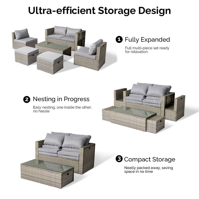 6-Piece All-Weather Wicker Conversation Sofa Set with Nesting Storage & Tea Table for Garden