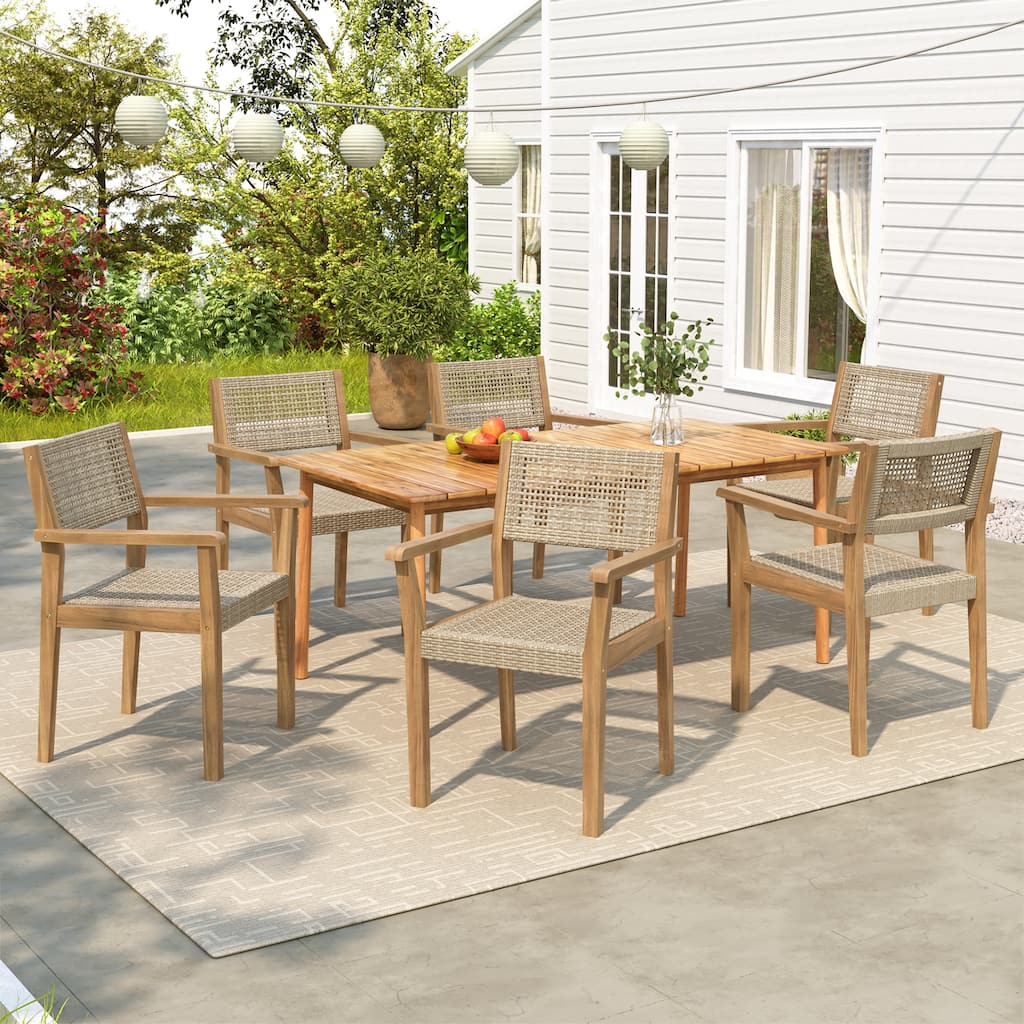 Roomfitters Outdoor Dining Set 7 Piece Acacia Wood Table Faux Wicker Rattan Chairs, Teak Caramel