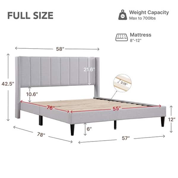 dimension image slide 5 of 12, Spruce & Spring Eleanor Upholstered Platform Bed Frame with Vertical Stripe Headboard