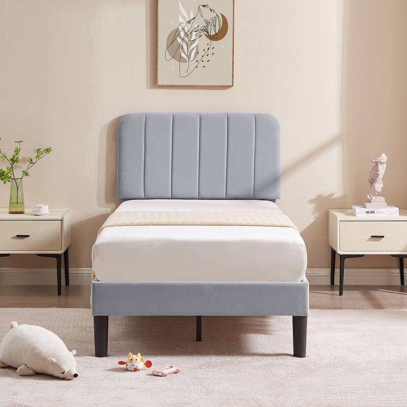 Javlergo Upholstered Bed Frames with Height-adjustable Headboard - Light Grey - Twin