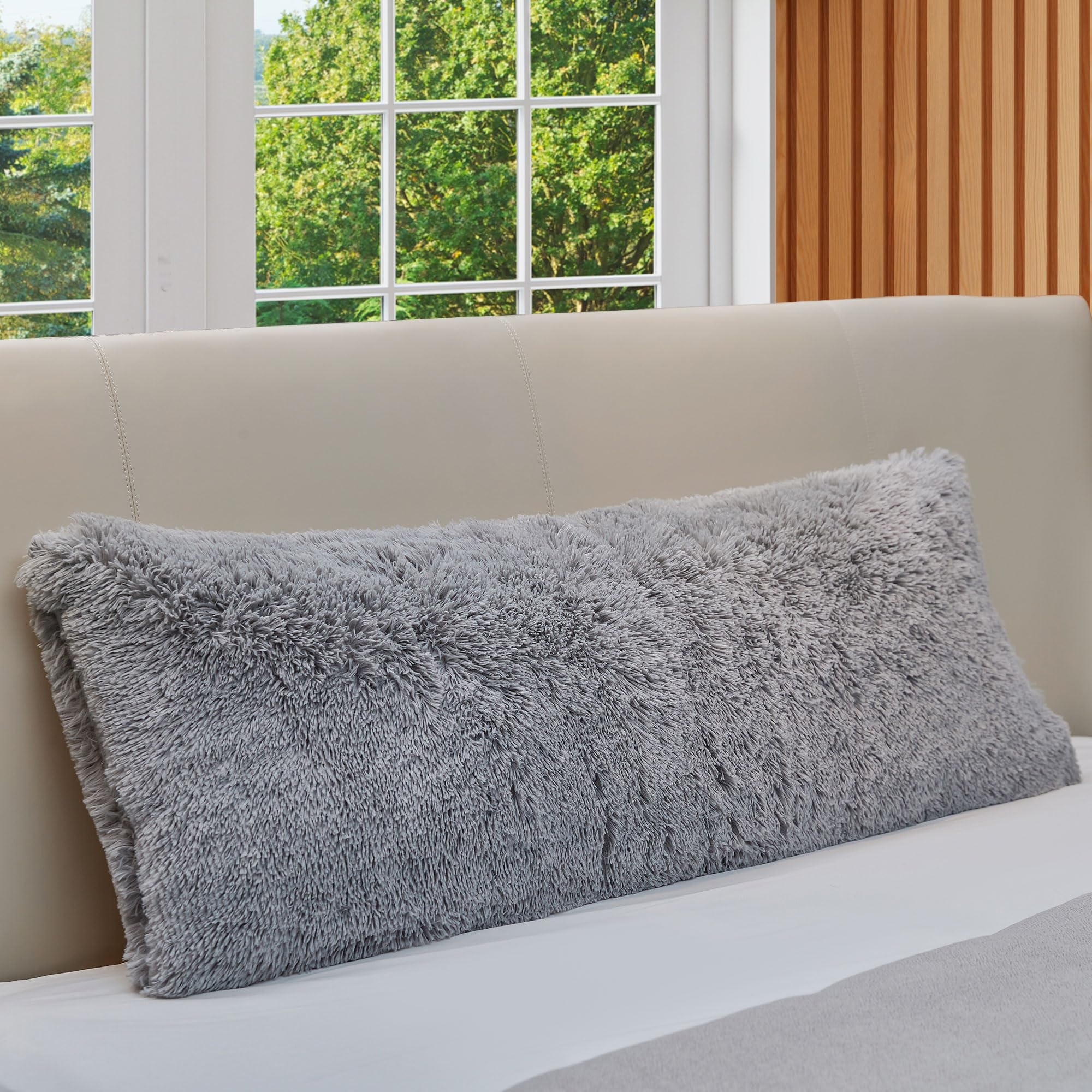 Grey fluffy store body pillow