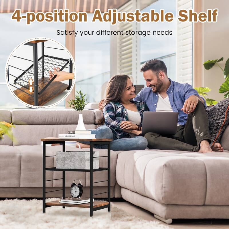 2PCS 3Tier Side End Table with Adjustable Mesh Shelf Narrow Nightstand