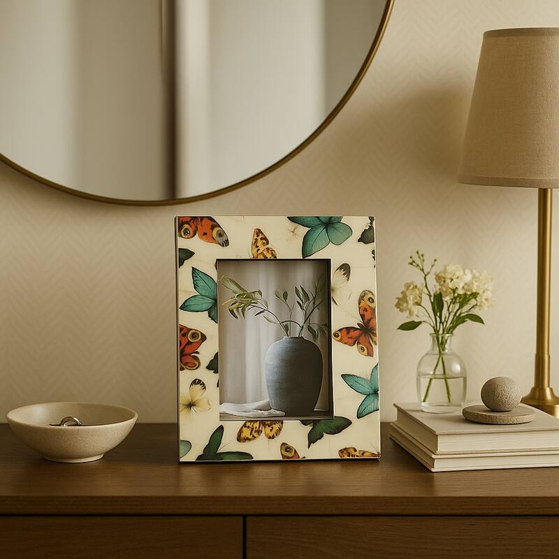 Wood Resin Butterflies Photo Frame Decor - Ivory