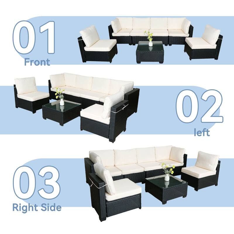 7-Piece Modular Outdoor Rattan Sofa Set, Modern Rattan Sectional with Cushions and Tempered Glass Table