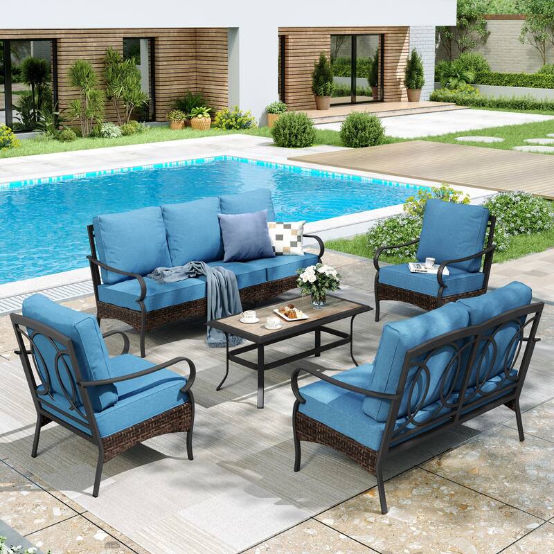 MAISON ARTS Modern Outdoor Patio Furniture Set with Waterproof Cushions - 5-Piece Wicker & Metal Conversation Set - Fixed Chair - Denim Blue