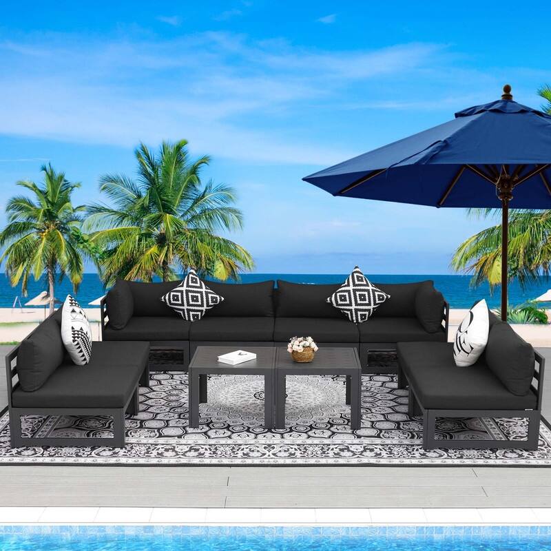 FINCATI Aluminum Outdoor Patio Furniture Conversation Sectional Sofa Set - 10 Pieces/Sectional - Black