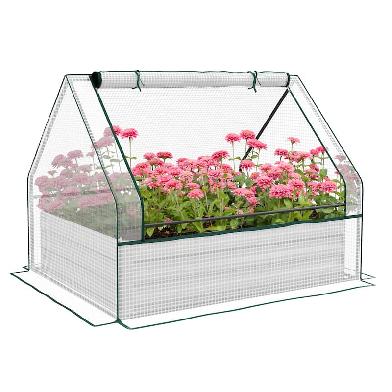 Countryside Style Garden Bed with Mini Greenhouse Cover 1 Raised Flower Pot, for Patio Garden Balcony - 8' x 10' - Antique White