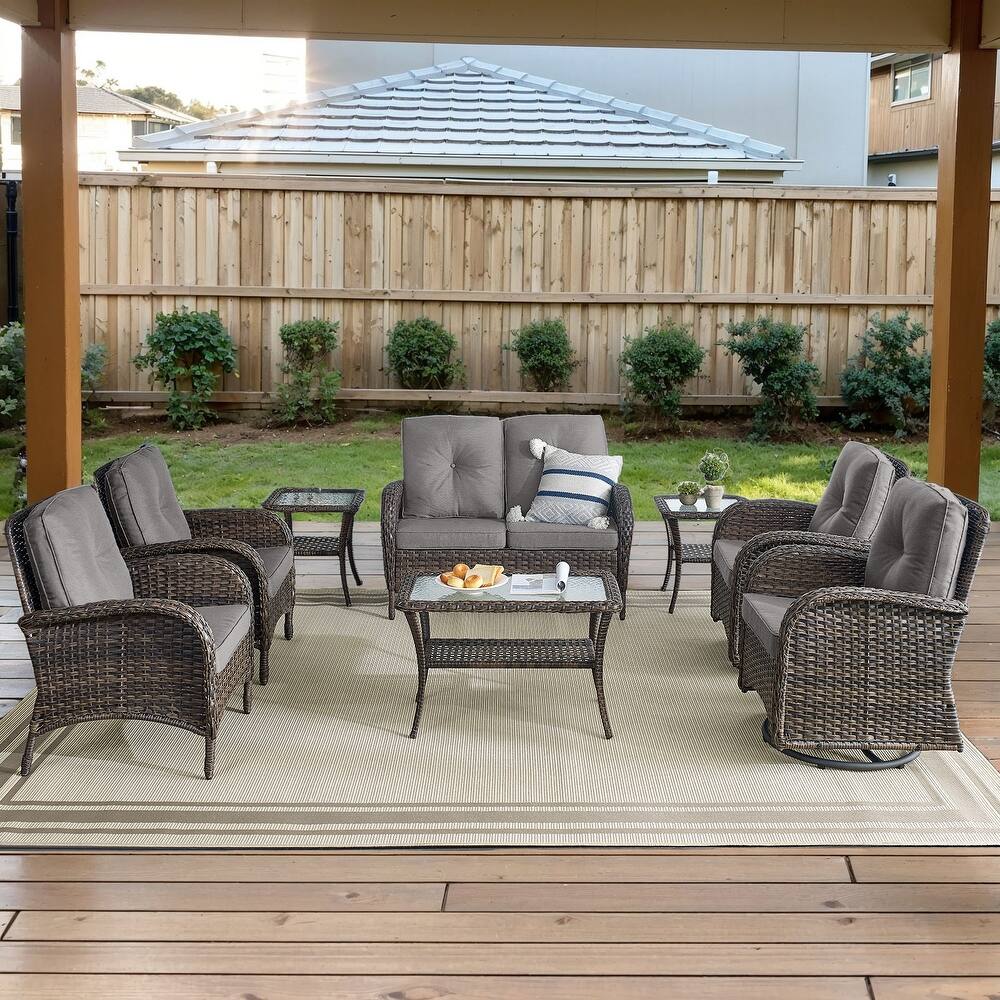 Outdoor Rocking Sofa with Club Chairs, Swivel Chair and Table
