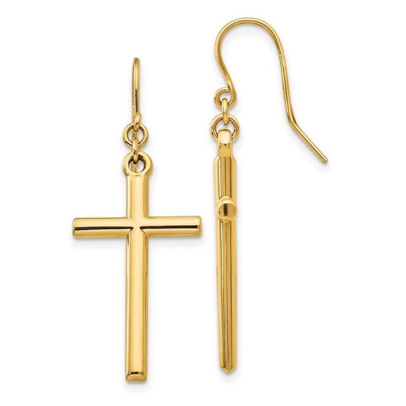 Curata 14k Yellow Gold 36x14mm Cross Shepherd Hook Earrings