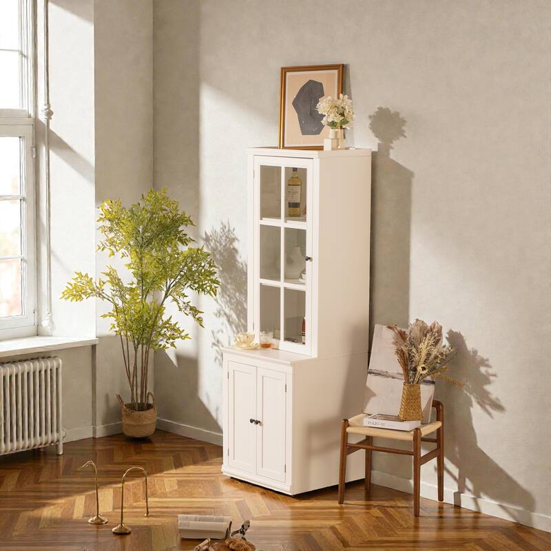 75.25'' Tall Farmhouse Pantry Cabinet with Glass Door & Lattice Window, Freestanding Hutch with Adjustable Shelves