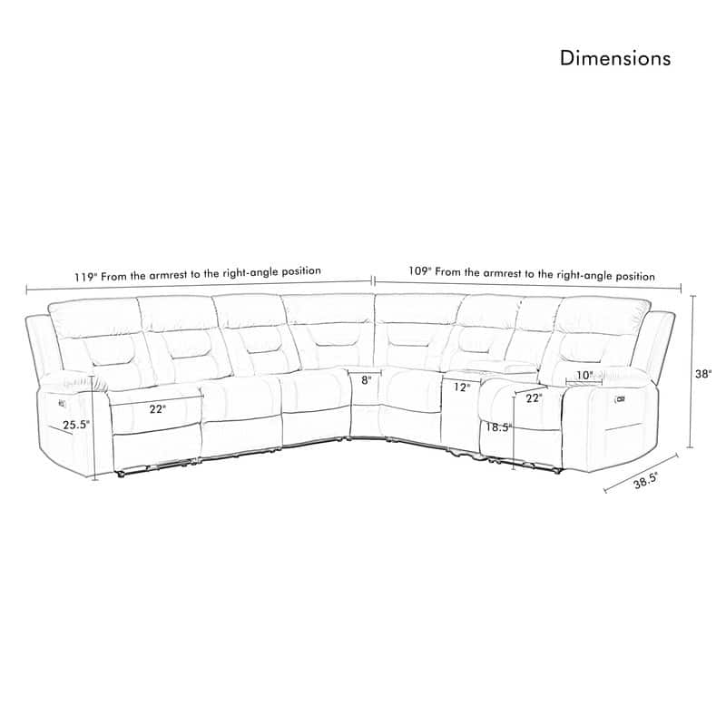 119'' Faux Leather Power Recliner 6-Seat Large Sectional Reclining Sofa with USB Port
