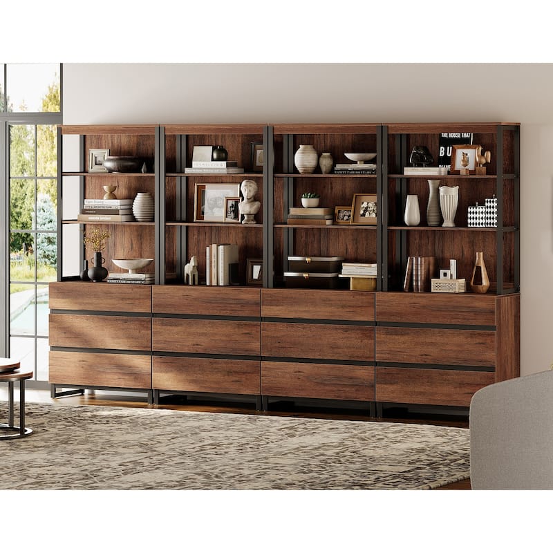 WAMPAT Modern 72" Tall Bookcase with Drawers and Open Book Shelfs, Library Book Shelf for Home Office, Living Room