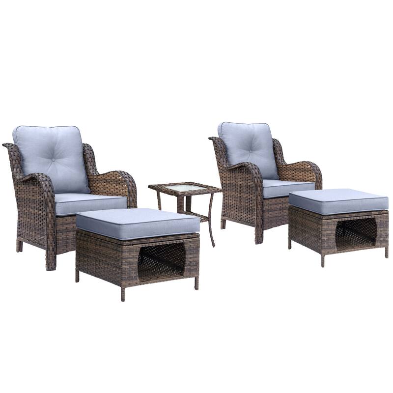5-piece Outdoor Patio Wicker Conversation Sets With Storage Ottomans